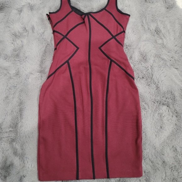 Bebe Burgundy Dress with Black Corset Design Piping  Body-con. Size Medium - Picture 3 of 9